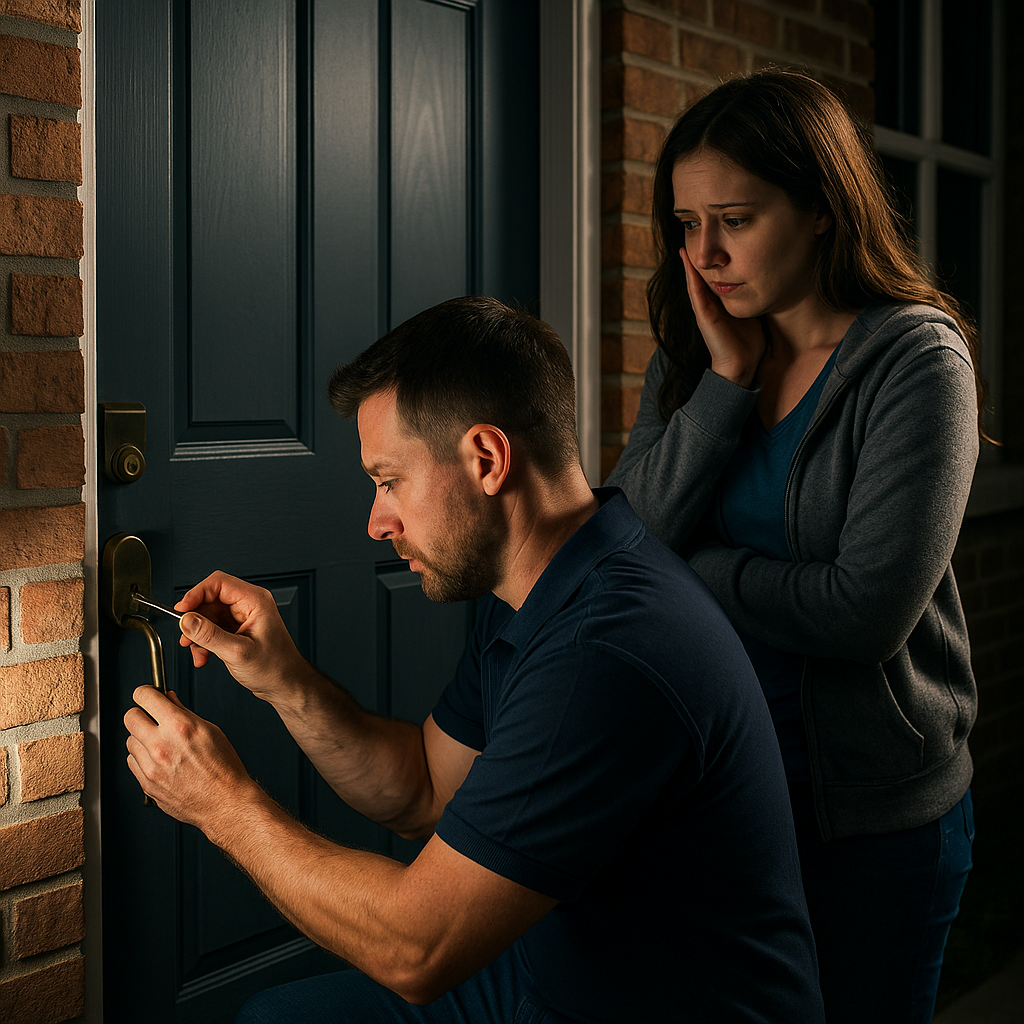 A locksmith helping a homeowner unlock a front door at night in Edmond, Oklahoma, with the homeowner looking concerned.